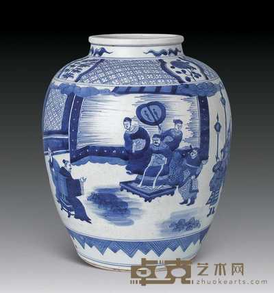 清 青花人物坛 高27.5cm